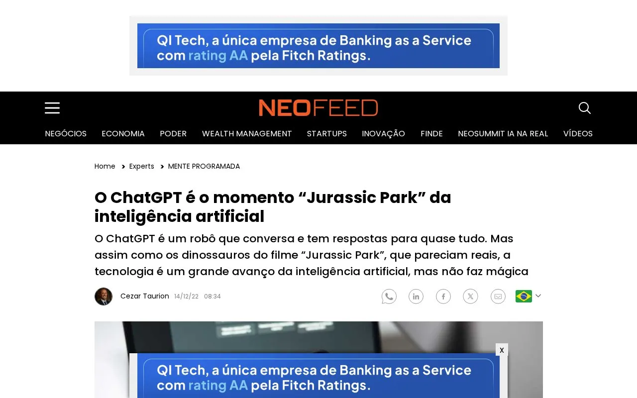 O ChatGPT é o momento “Jurassic Park” da inteligência artificial - NeoFeed homepage screenshot