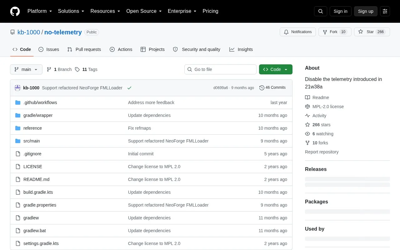 No Telemetry homepage screenshot