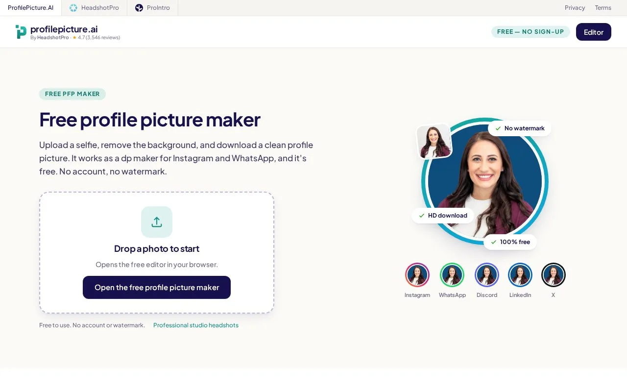 Profile Picture AI homepage screenshot