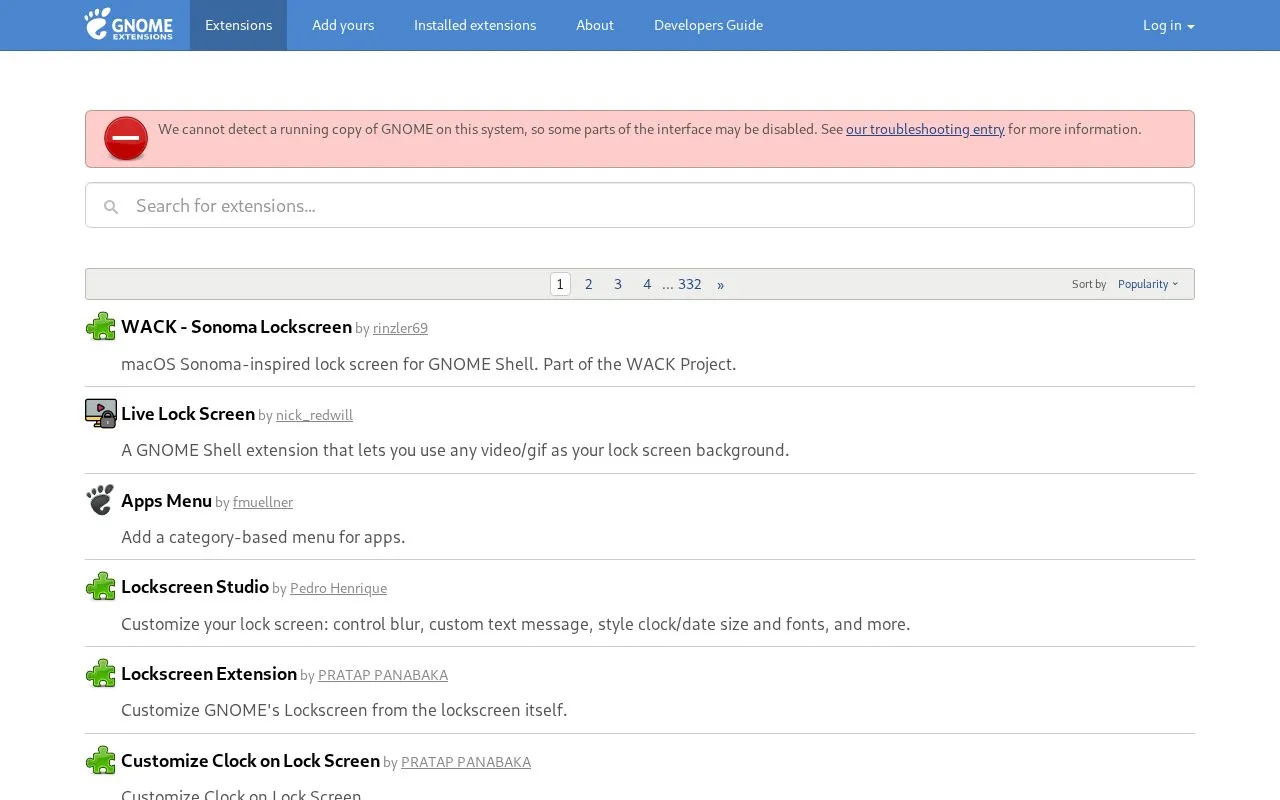GNOME Shell Extensions homepage screenshot