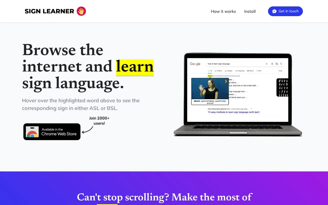 SignLearner homepage screenshot