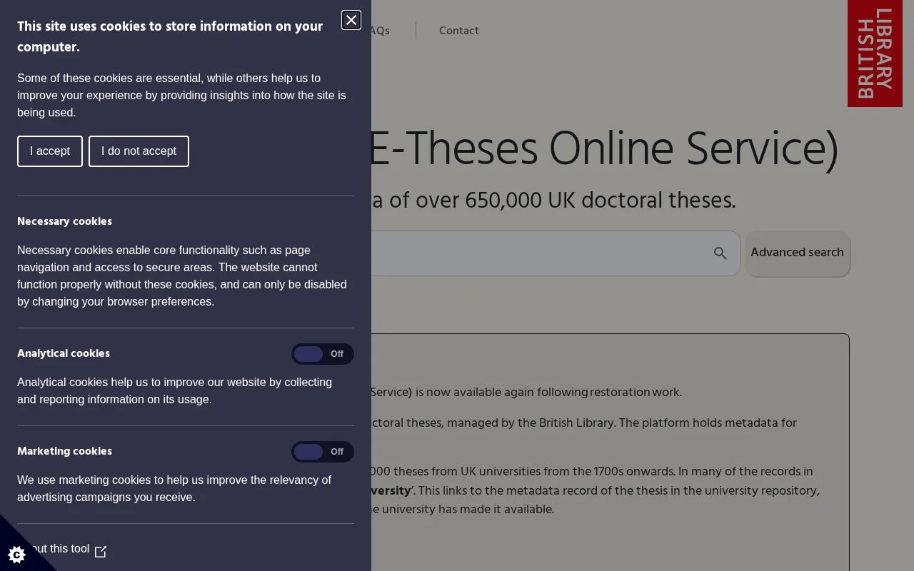 E-Theses Online Service homepage screenshot