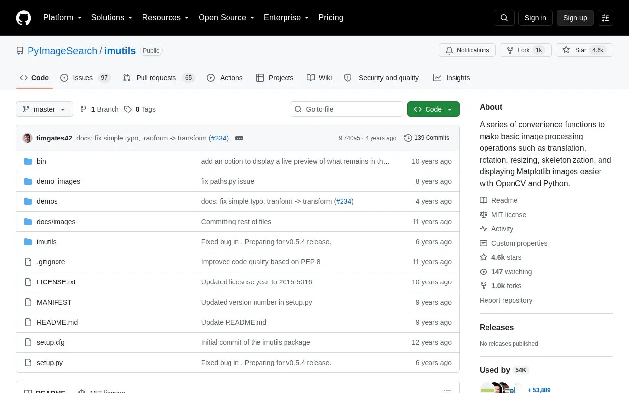 imutils homepage screenshot