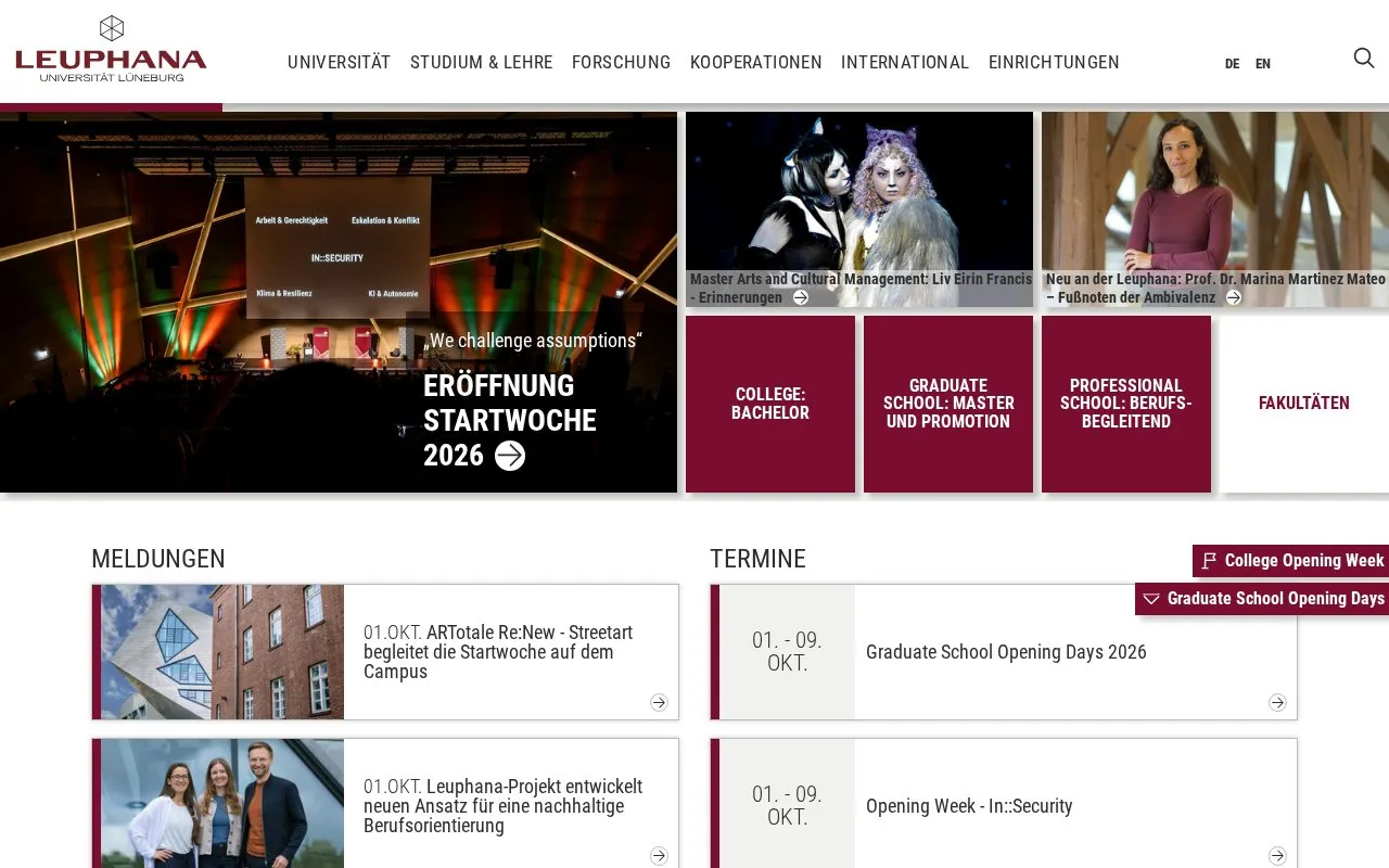 Leuphana Universität Lüneburg homepage screenshot