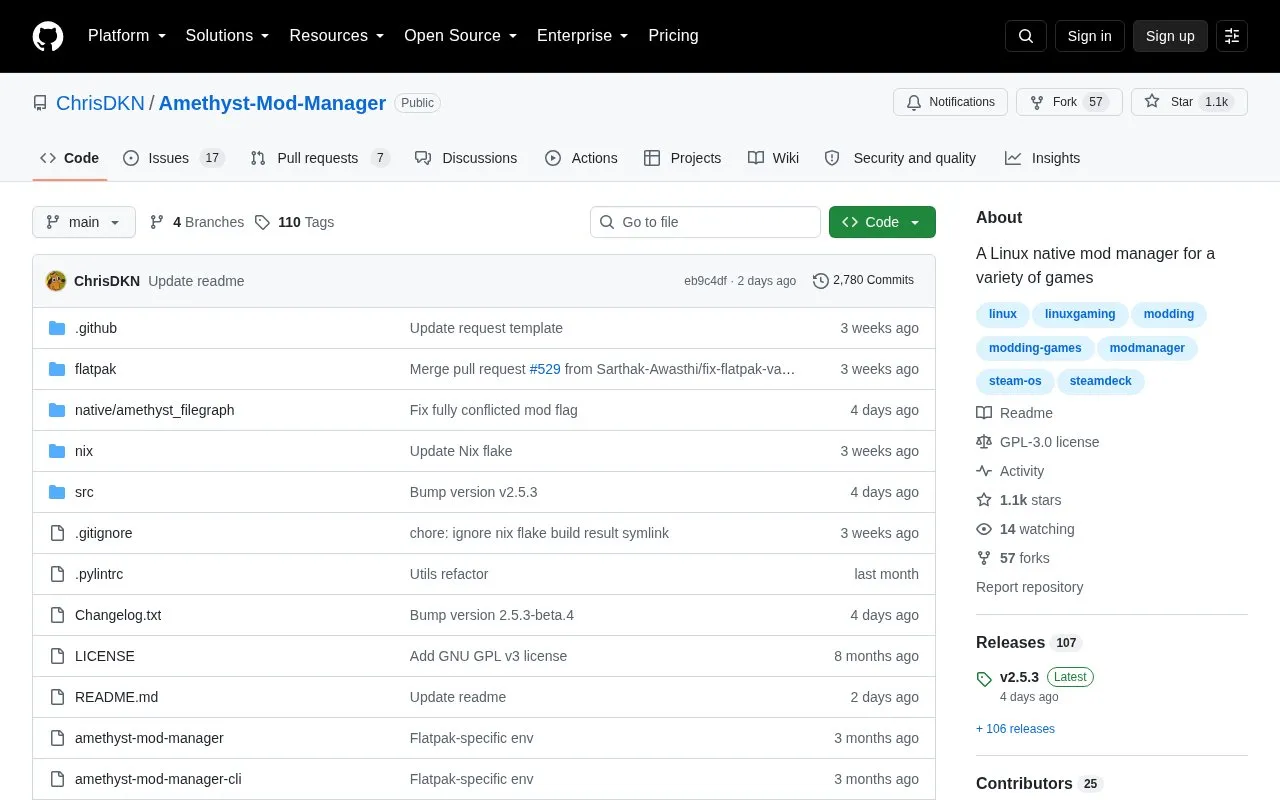 Amethyst Mod Manager homepage screenshot