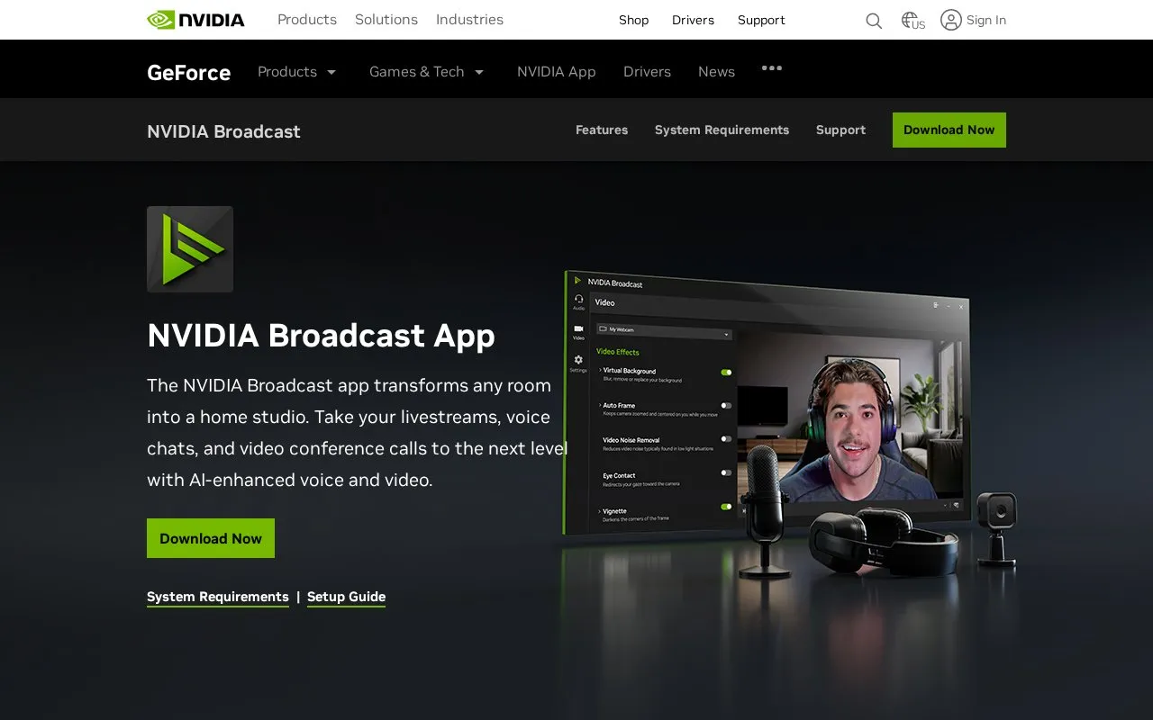 NVIDIA Broadcast homepage screenshot