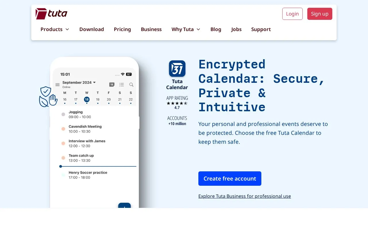 Tuta Calendar homepage screenshot