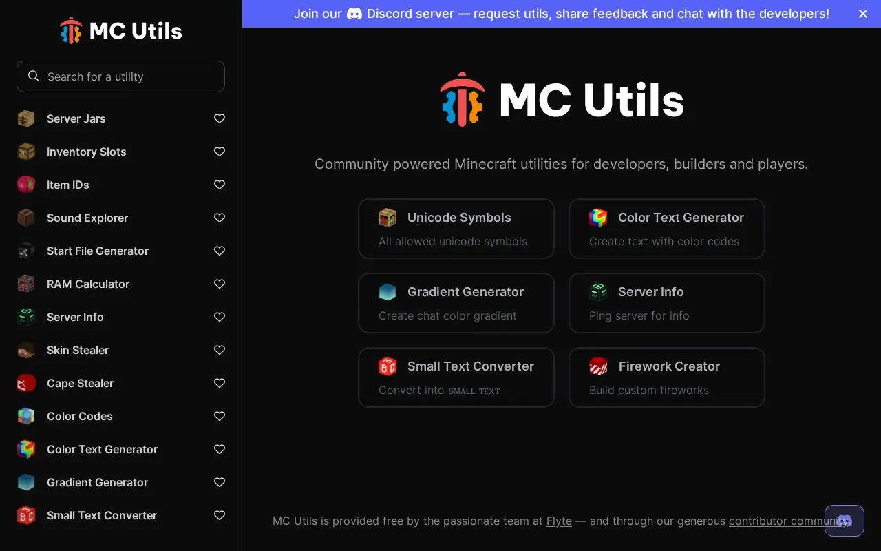 MC Utils homepage screenshot