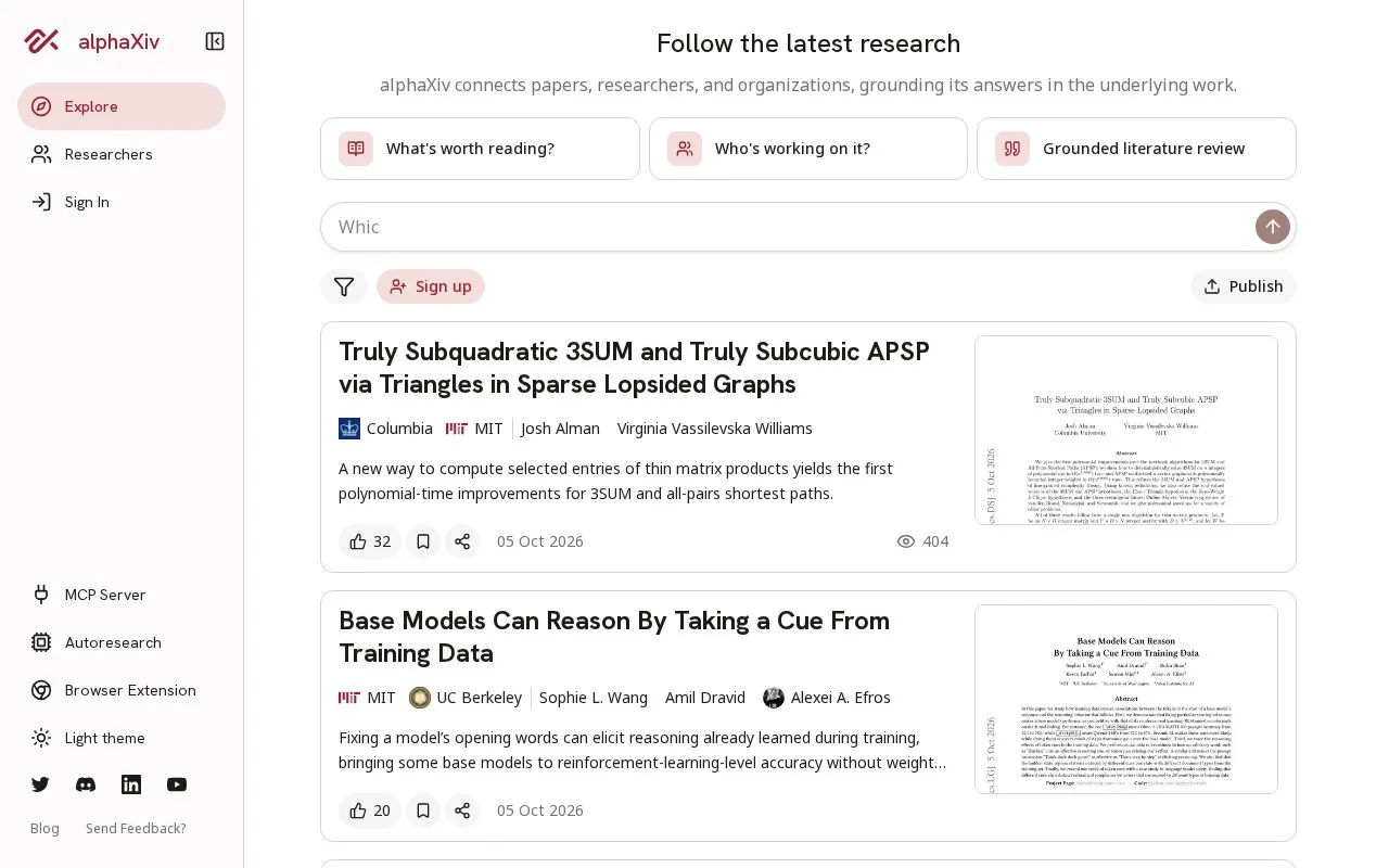 Alphaxiv homepage screenshot