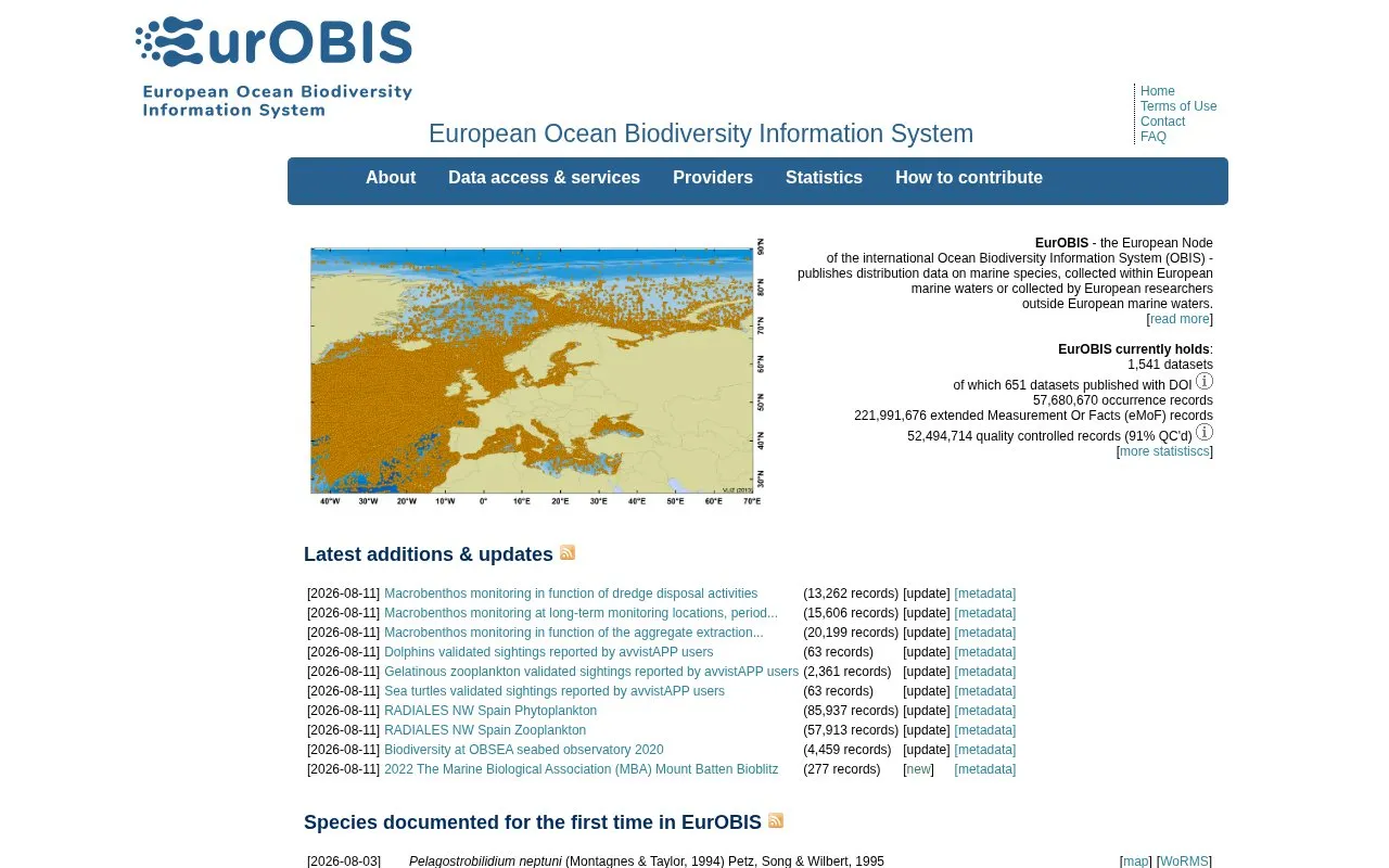 European Ocean Biodiversity Information System homepage screenshot