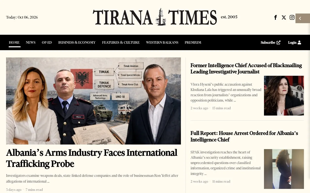 Tirana Times homepage screenshot