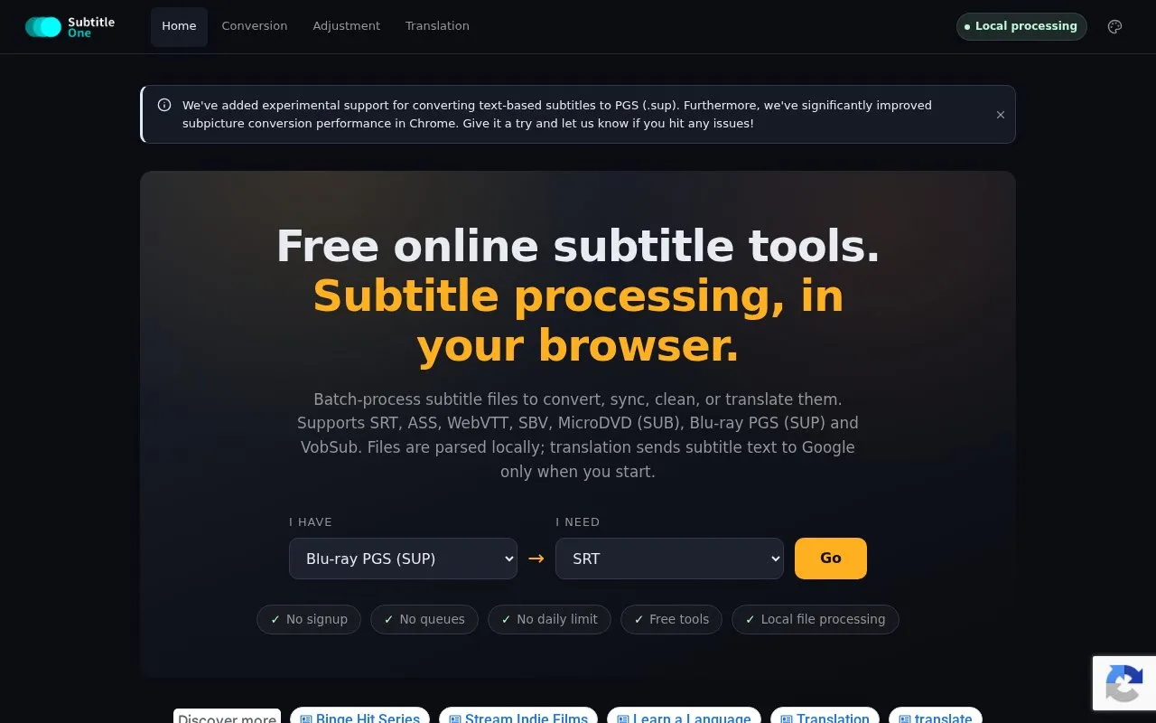 Subtitle One homepage screenshot