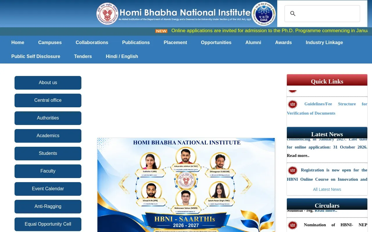 Homi Bhabha National Institute homepage screenshot