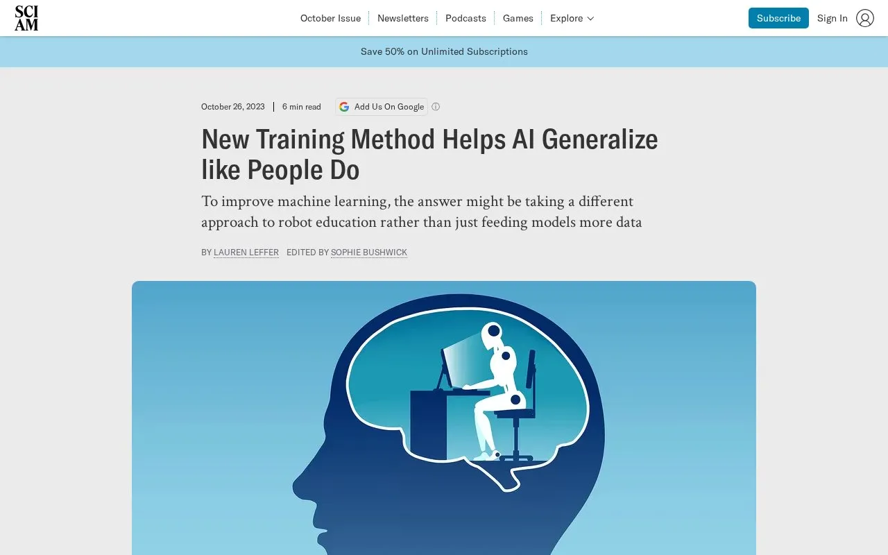 New Training Method Helps AI Generalize like People Do - Scientific American homepage screenshot
