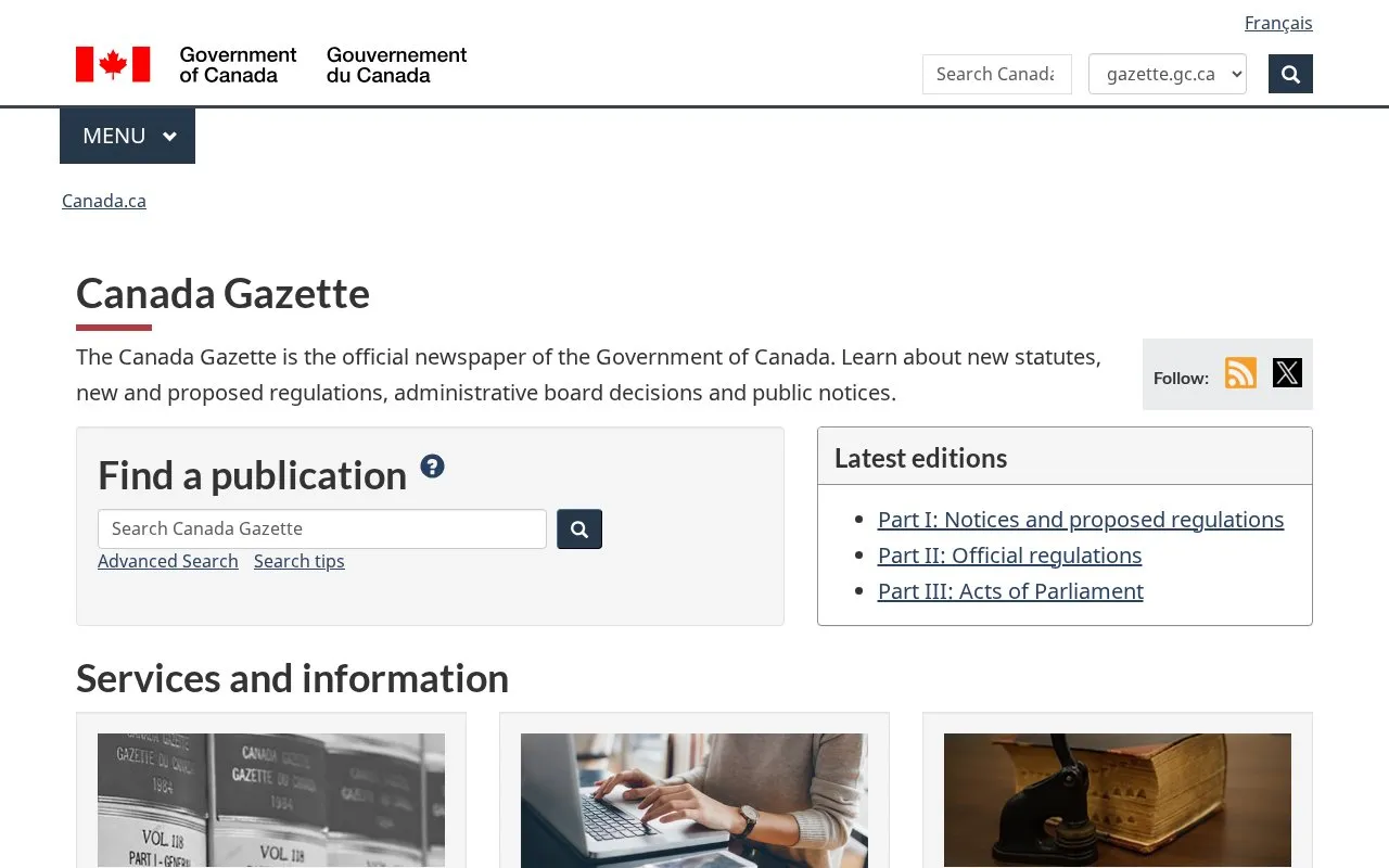 Canada Gazette homepage screenshot