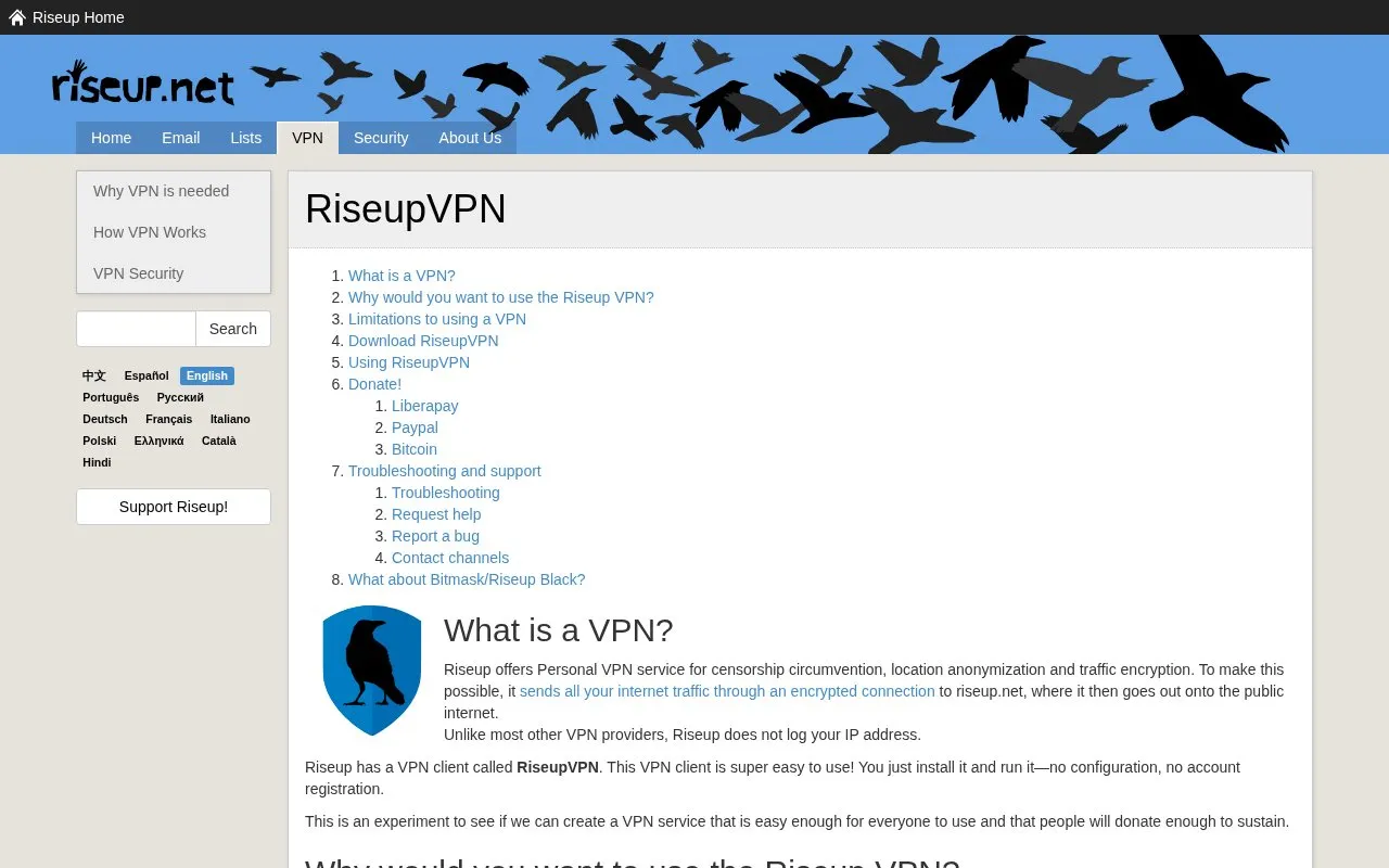 RiseupVPN homepage screenshot