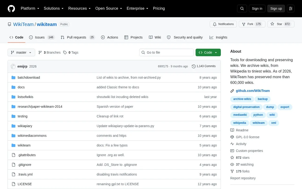 WikiTeam homepage screenshot