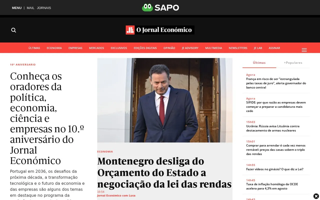 Diário Económico homepage screenshot