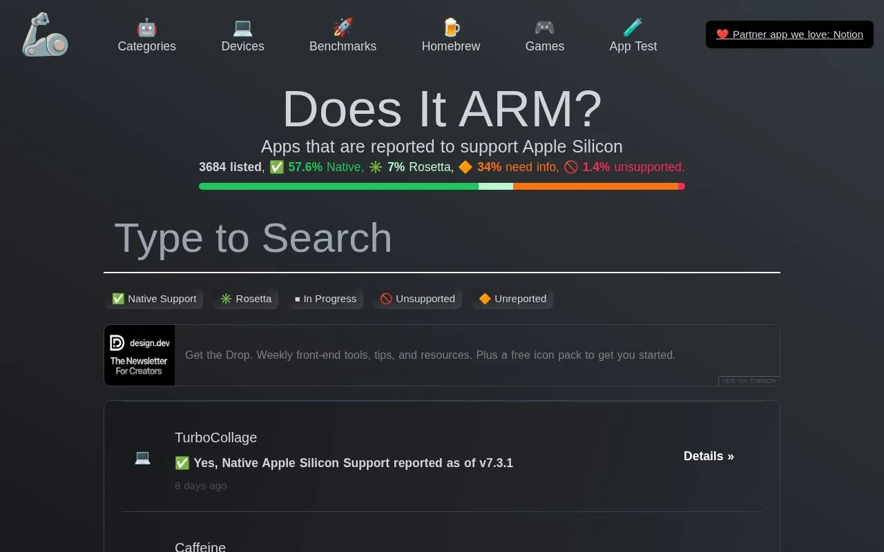 Does It Arm? homepage screenshot