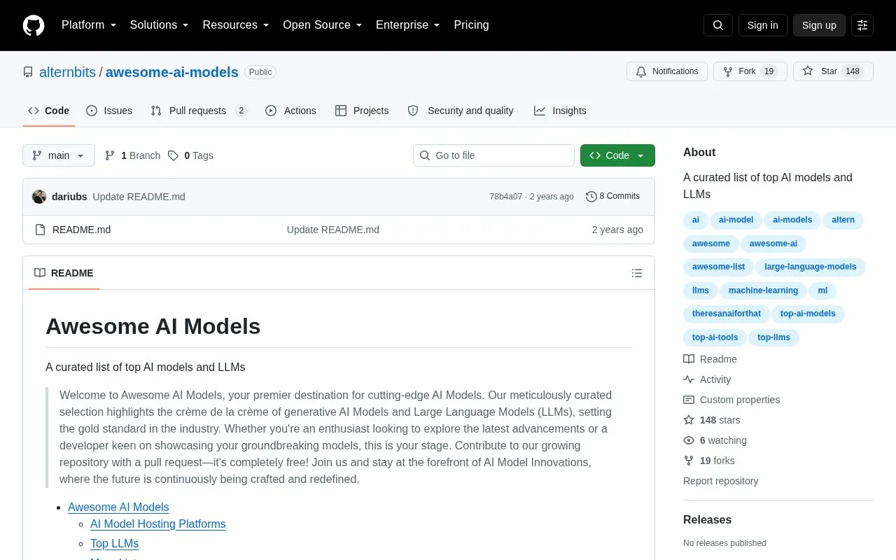 Awesome AI Models homepage screenshot