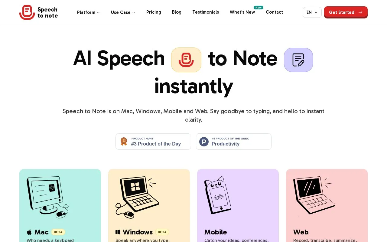 Speech to Note homepage screenshot
