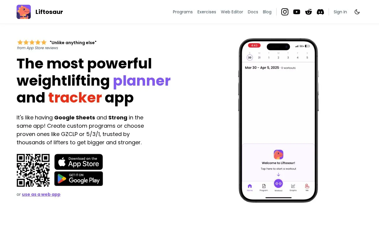 Liftosaur homepage screenshot