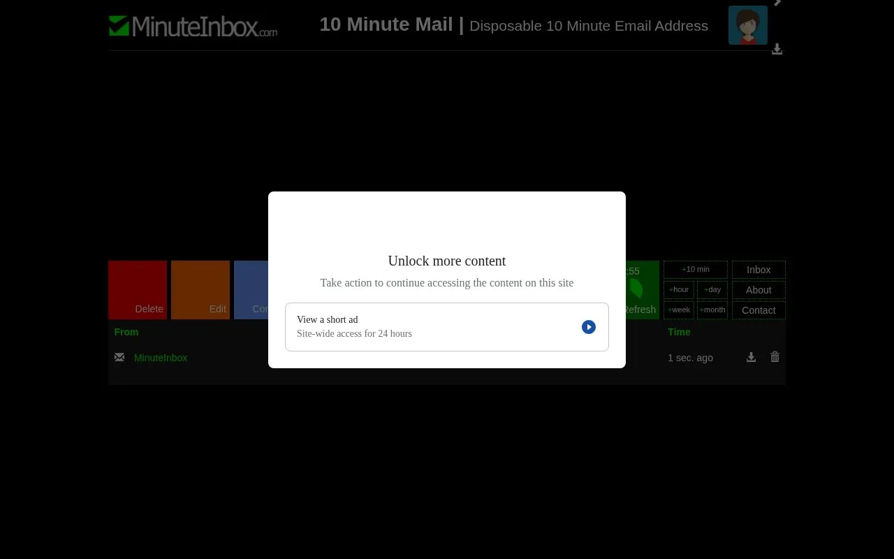 MinuteInbox homepage screenshot
