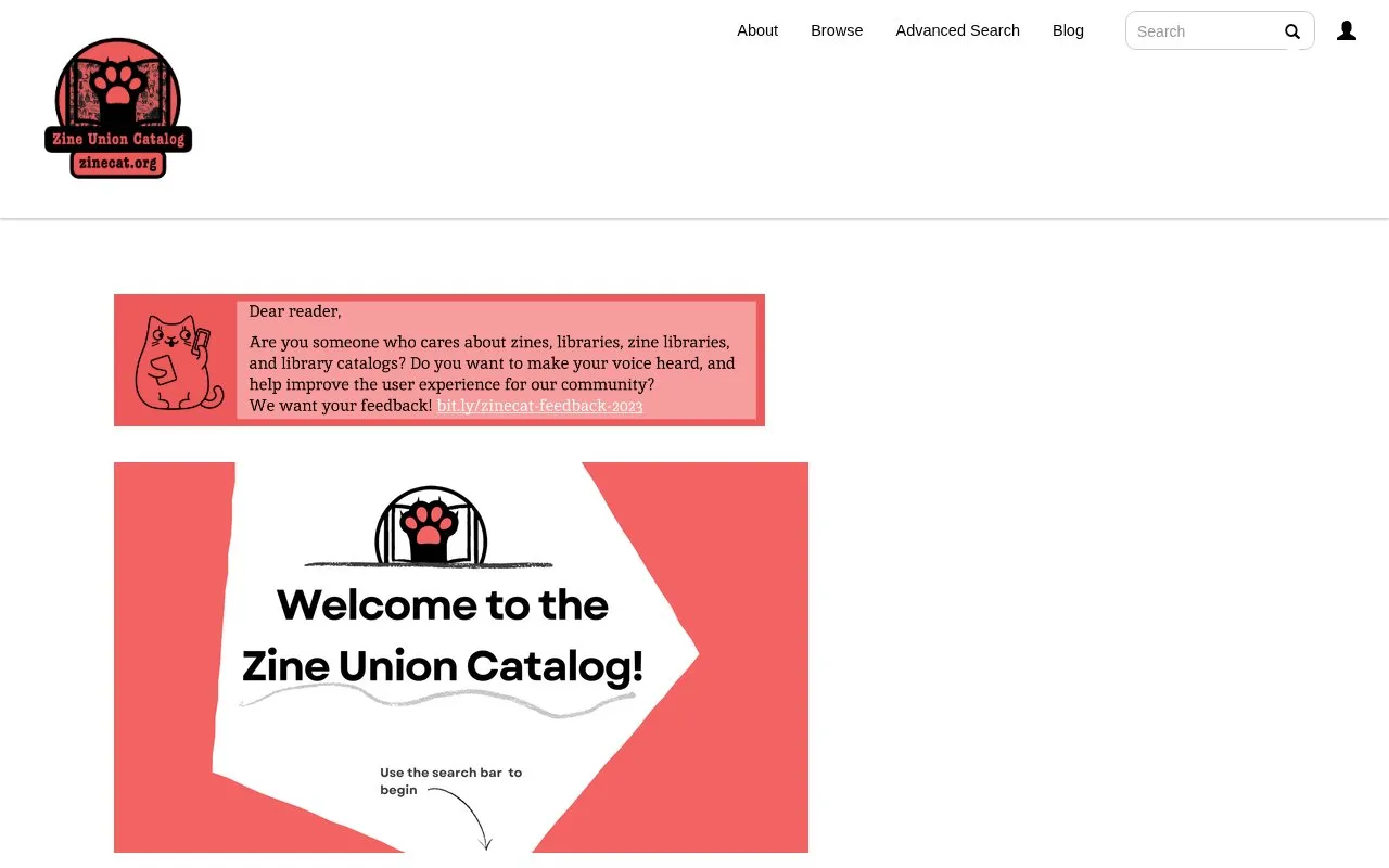 Zine Union Catalog homepage screenshot