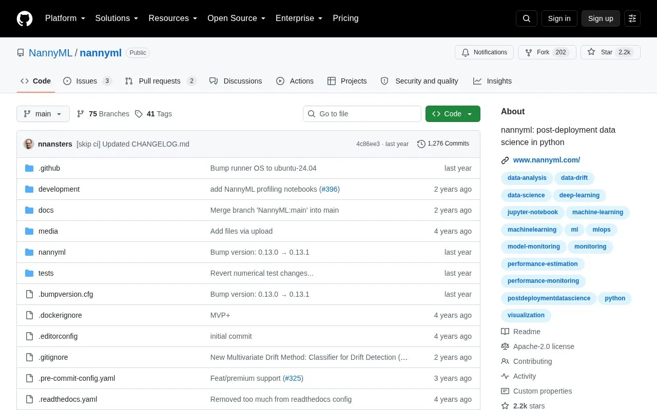 NannyML homepage screenshot