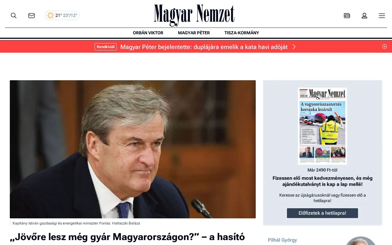 Magyar Nemzet homepage screenshot