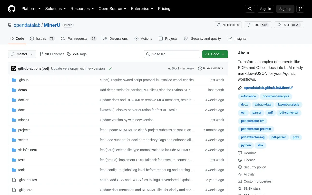 opendatalab/MinerU homepage screenshot