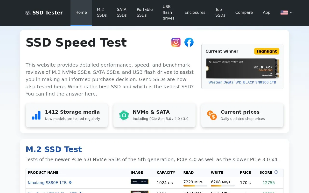 SSD Tester homepage screenshot