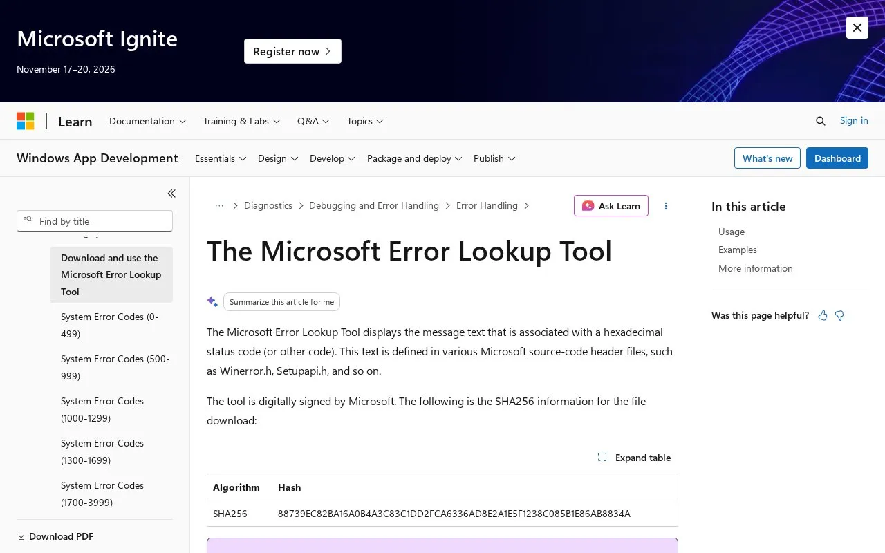 Microsoft Error Lookup homepage screenshot