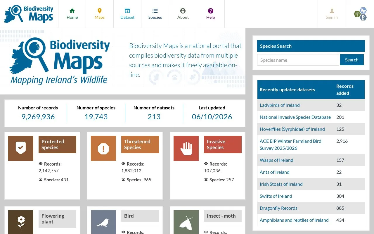 National Biodiversity Data Centre - Biodiversity Maps homepage screenshot