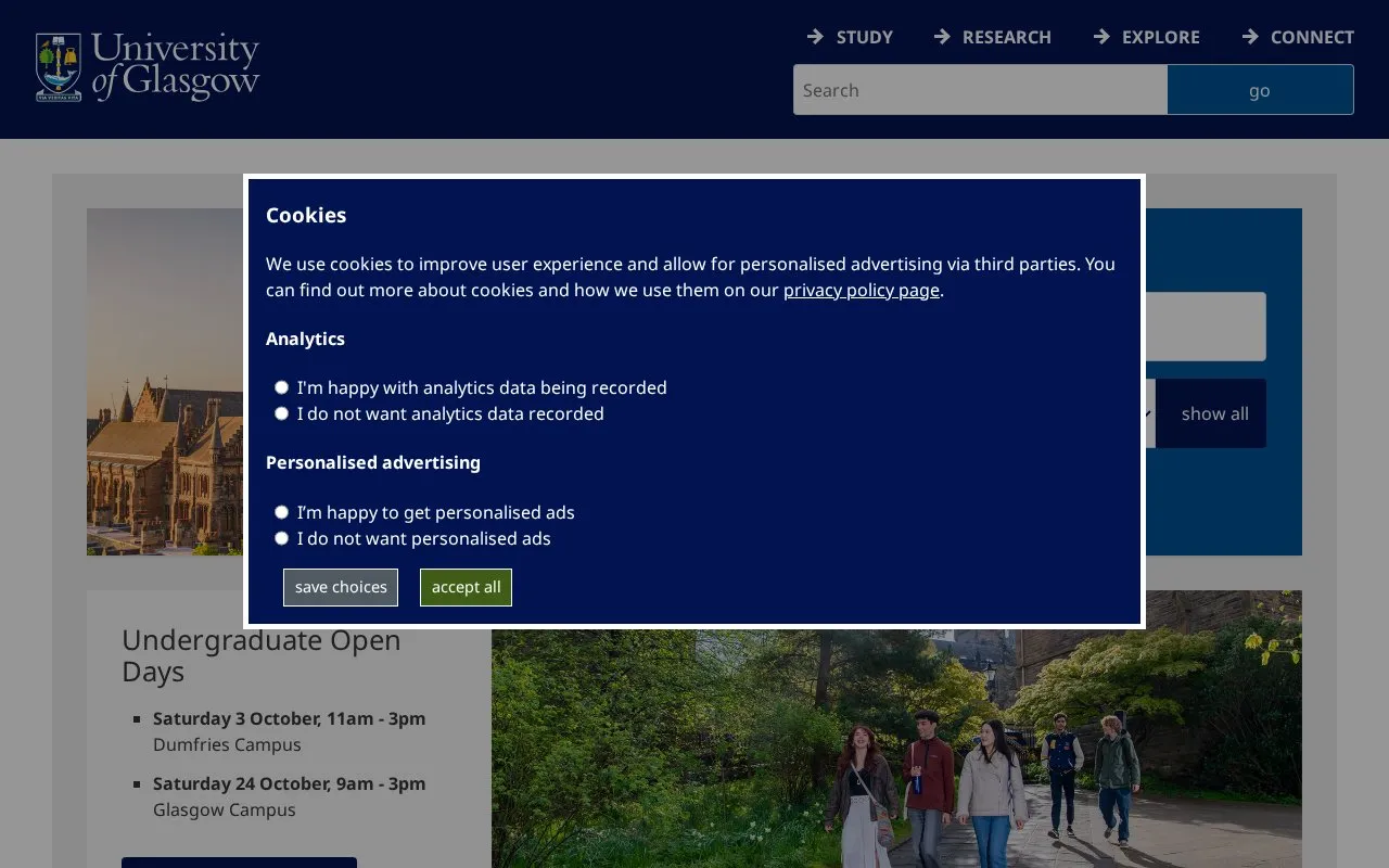University of Glasgow homepage screenshot
