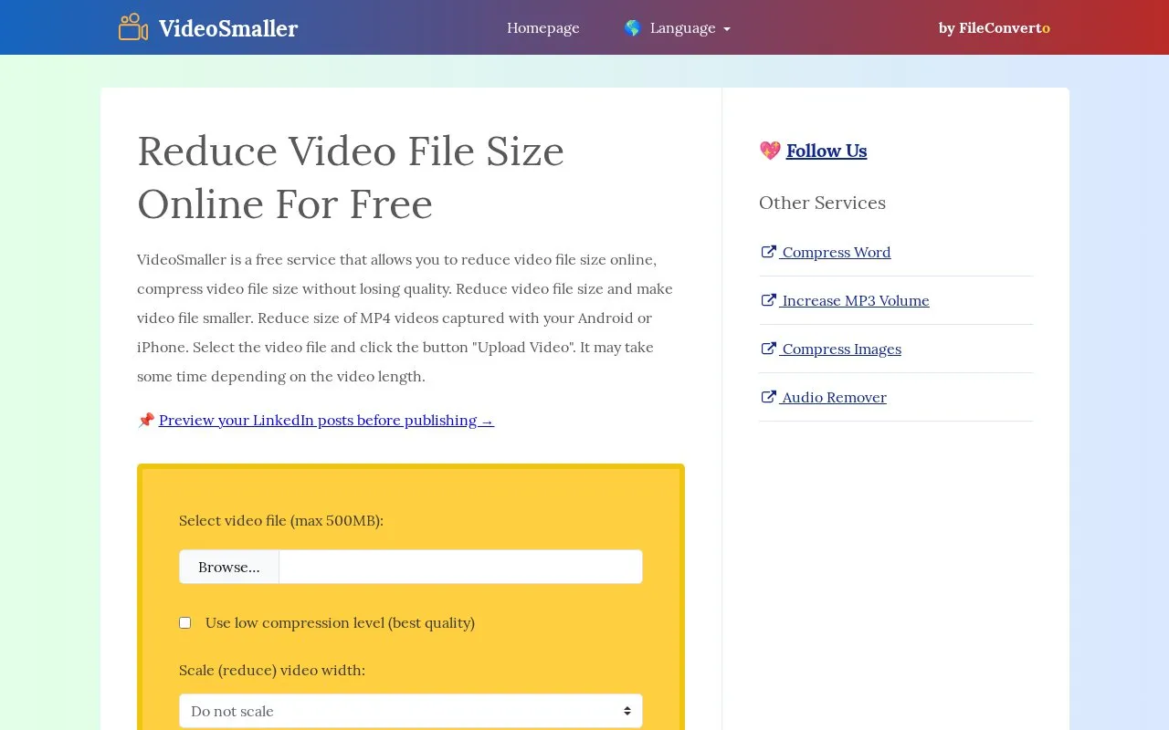 VideoSmaller homepage screenshot