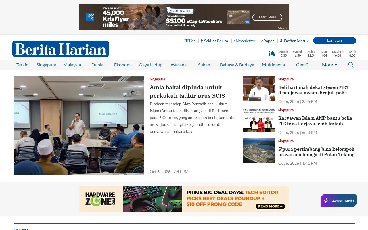 Berita Harian homepage screenshot