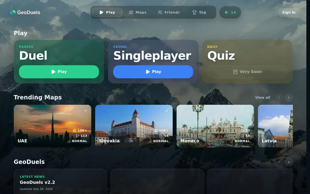 GeoDuels homepage screenshot