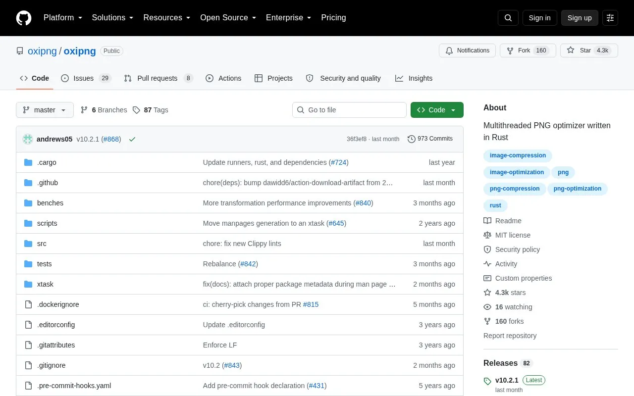 Oxipng homepage screenshot