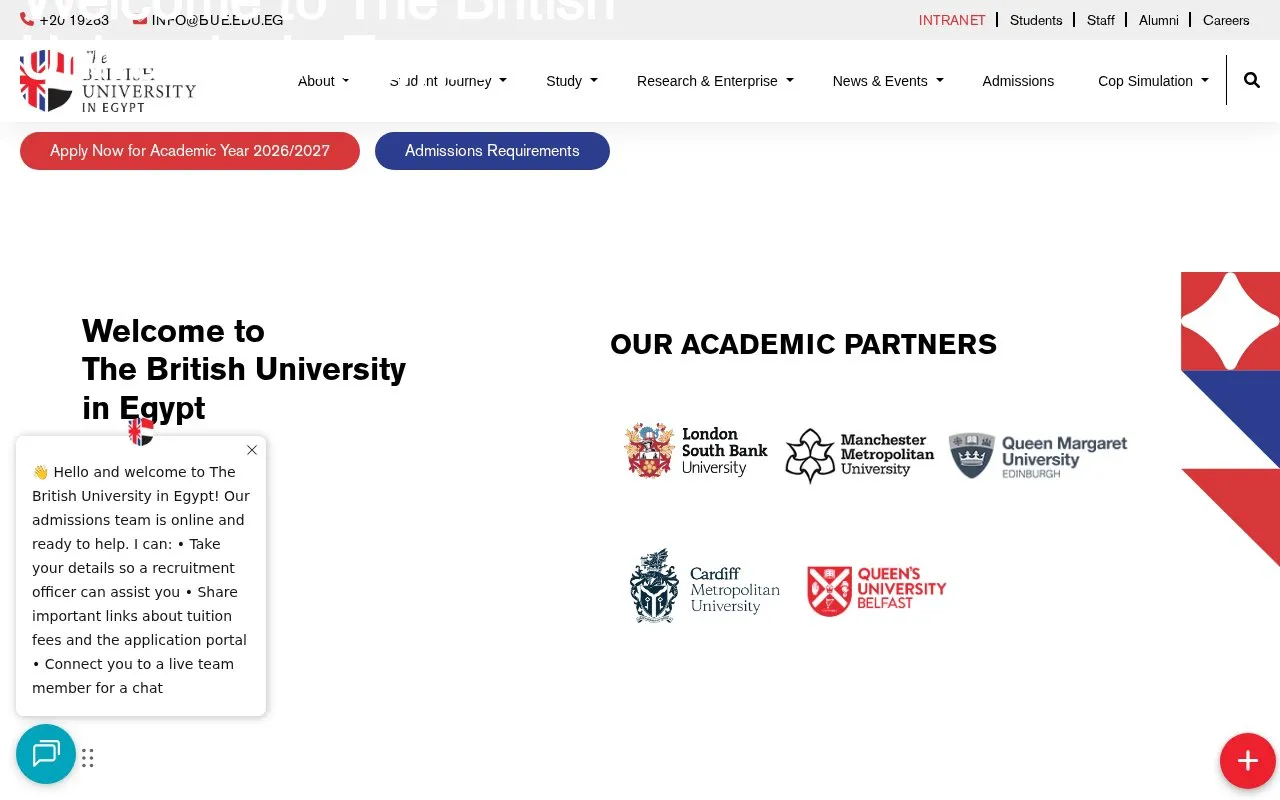 British University in Egypt homepage screenshot
