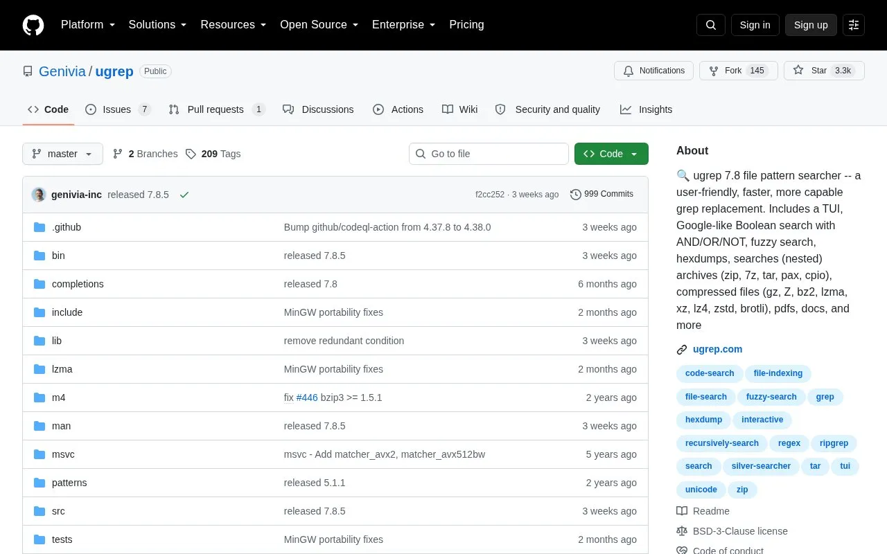Ugrep homepage screenshot