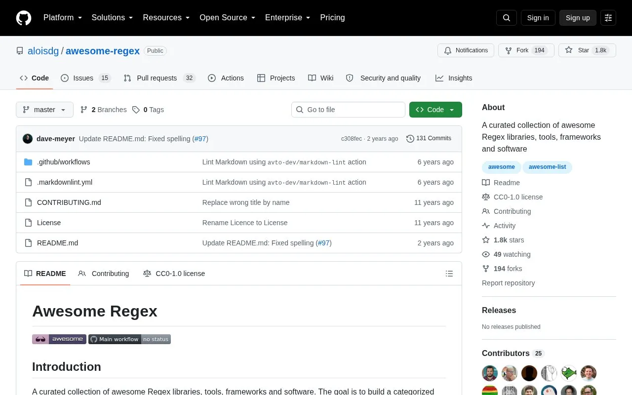Awesome Regex homepage screenshot