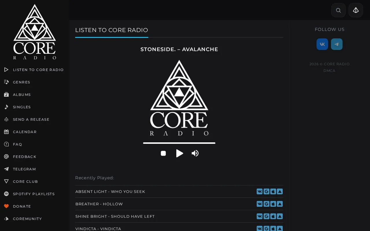 CoreRadio homepage screenshot