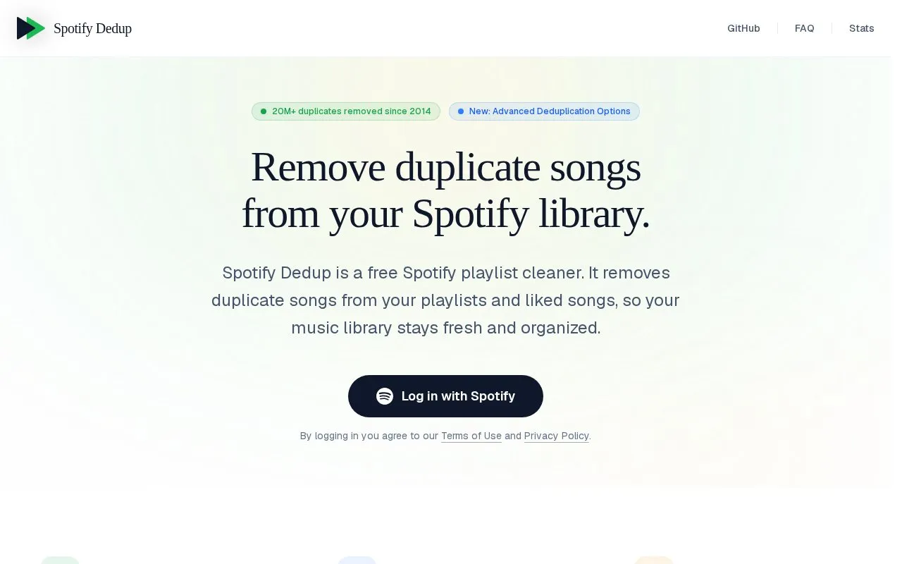 Spotify Dedup homepage screenshot