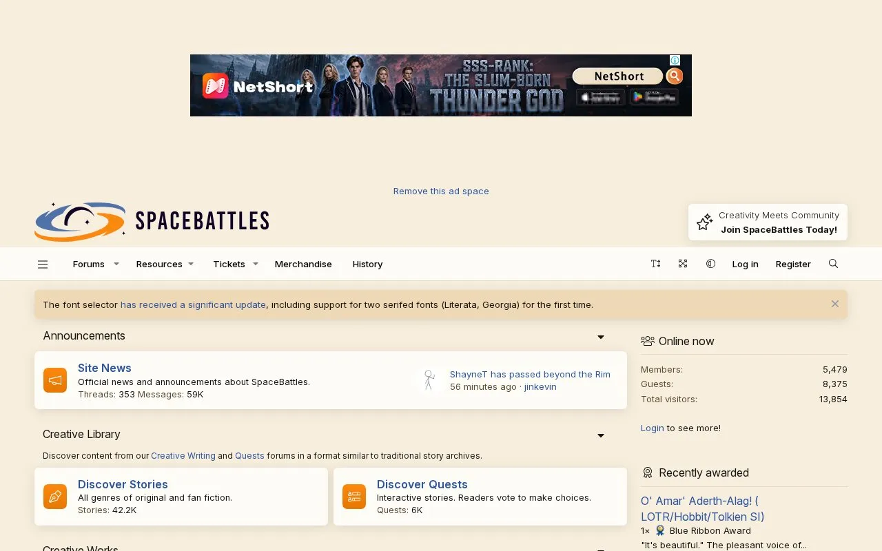 SpaceBattles homepage screenshot