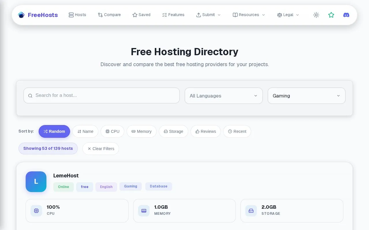 FreeHosts homepage screenshot
