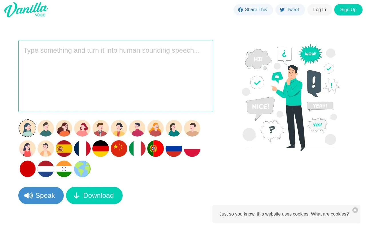 VanillaVoice homepage screenshot