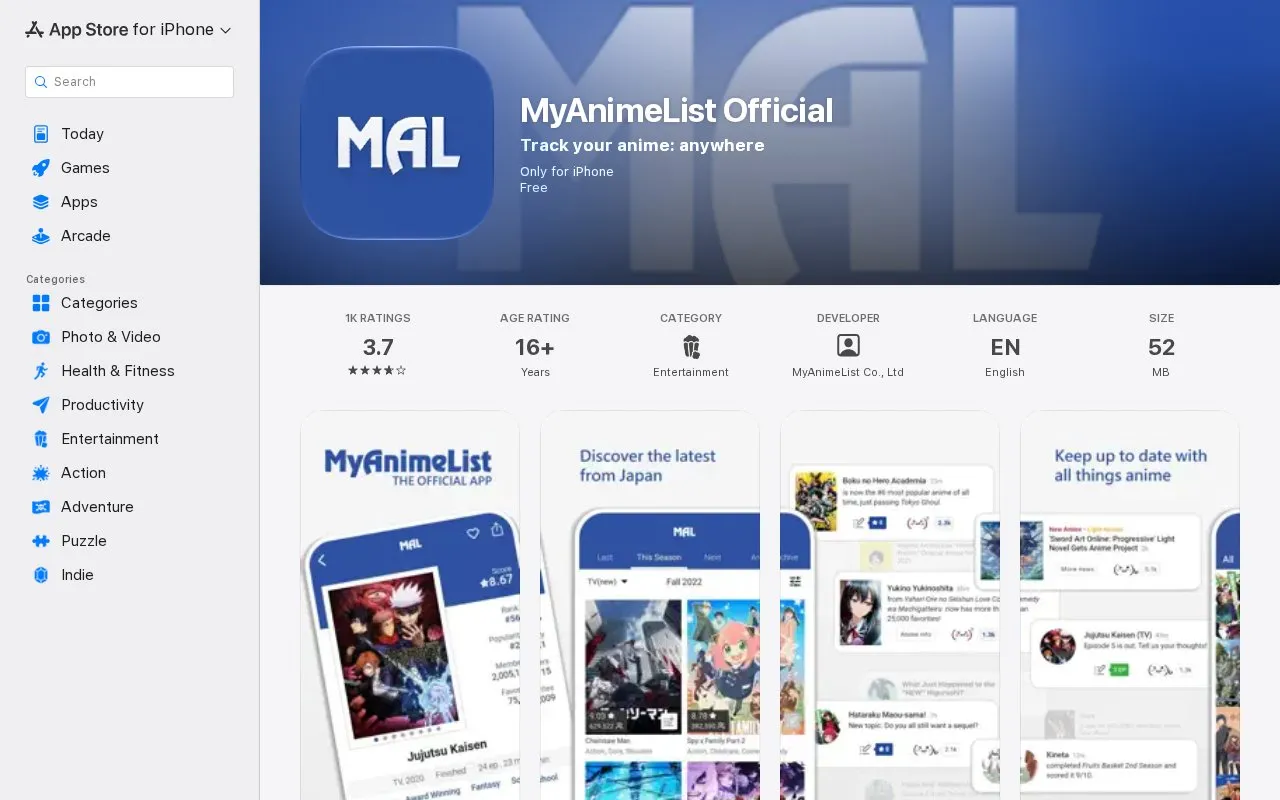 MyAnimeList Client homepage screenshot