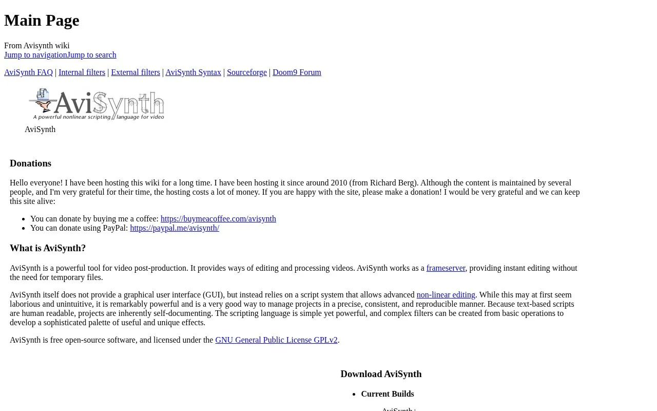 avisynth homepage screenshot
