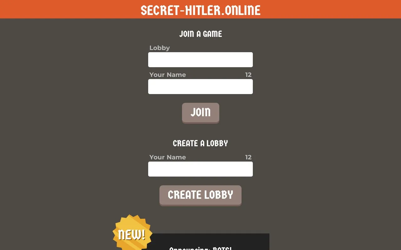 Secret Hitler homepage screenshot